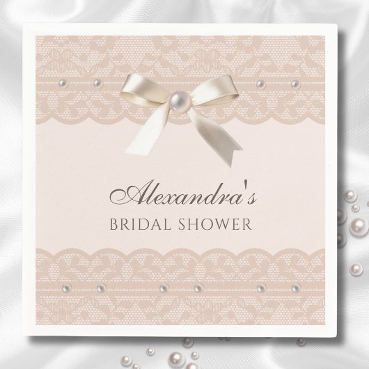 Blush Pink Pearls Satijn Bow Lace Vrijgezellenfees Servet