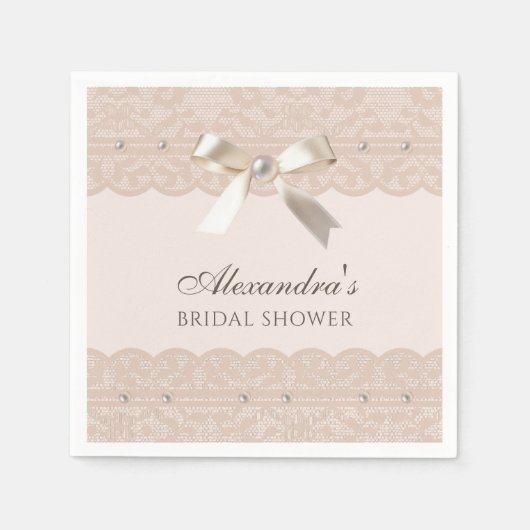 Blush Pink Pearls Satijn Bow Lace Vrijgezellenfees Servet (Voorkant)