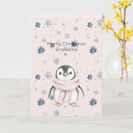Blush Pink Penguin Snowflakes Christmas Kaart (Gele Bloem)