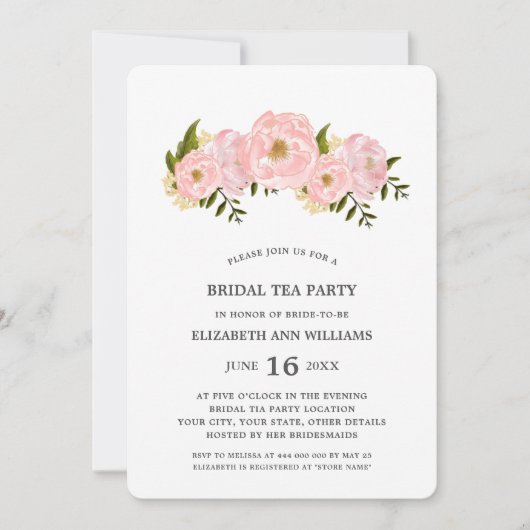 Blush Pink Peonies Bridal Tea Party Kaart (Voorkant)