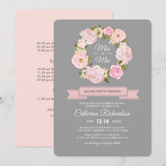 Blush Pink Peonies Gray Bachelorette Weekend Kaart (Voorkant / Achterkant)
