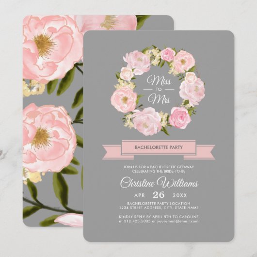 Blush Pink Peonies Grey Bachelorette Party Kaart (Voorkant / Achterkant)
