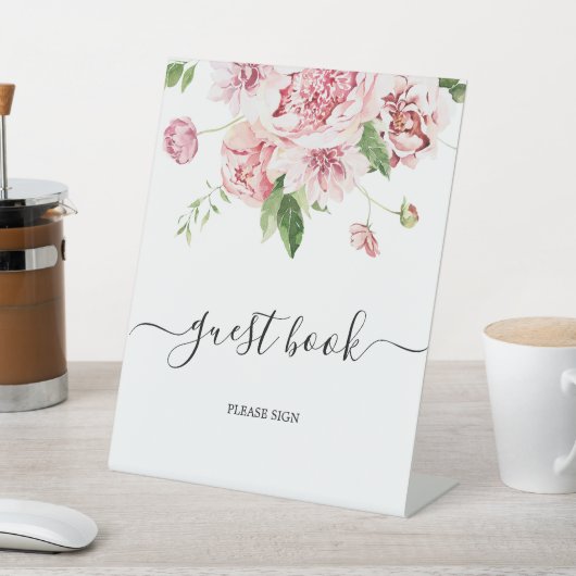 Blush Pink Peonies Guest Book Sign Reclamebord Met Voetstuk (Insitu)