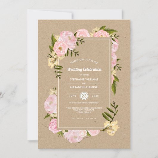 Blush Pink Peonies Kraft Paper Rustic Wedding Kaart (Voorkant)