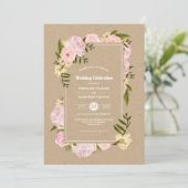 Blush Pink Peonies Kraft Paper Rustic Wedding Kaart (Staand voorkant)