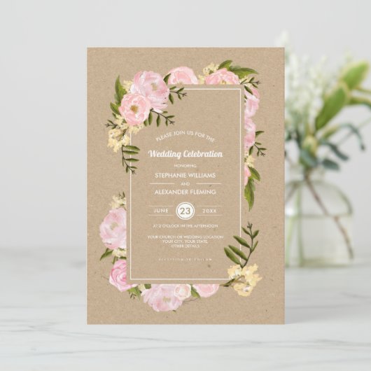 Blush Pink Peonies Kraft Paper Rustic Wedding Kaart (Staand voorkant)