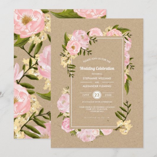 Blush Pink Peonies Kraft Paper Rustic Wedding Kaart (Voorkant / Achterkant)