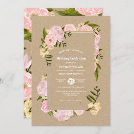 Blush Pink Peonies Kraft Paper Rustic Wedding Kaart