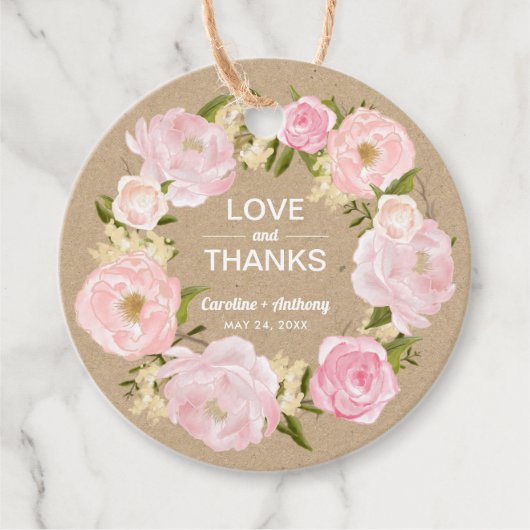 Blush Pink Peonies Kraft Paper Weddenschap Harteli Bedankjes Labels (Voorkant)