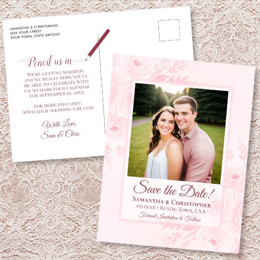 Blush Pink Peonies & Photo Wedding Save the Date Aankondigingskaart
