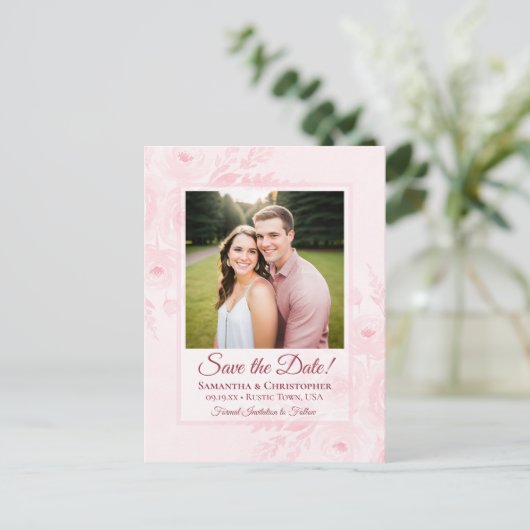 Blush Pink Peonies & Photo Wedding Save the Date Aankondigingskaart (Staand voorkant)