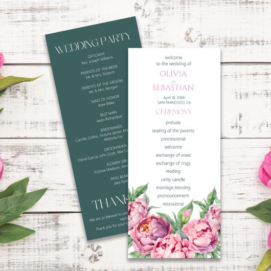 Blush Pink Peonies Waterverf Weddenschap Programmakaart