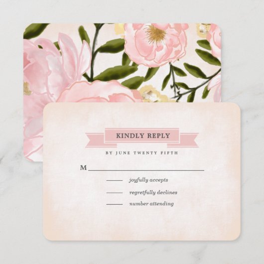 Blush Pink Peonies Waterverf Weddenschap RSVP Kaar (Voorkant / Achterkant)