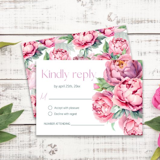 Blush Pink Peonies Waterverf Weddenschap RSVP Kaartje