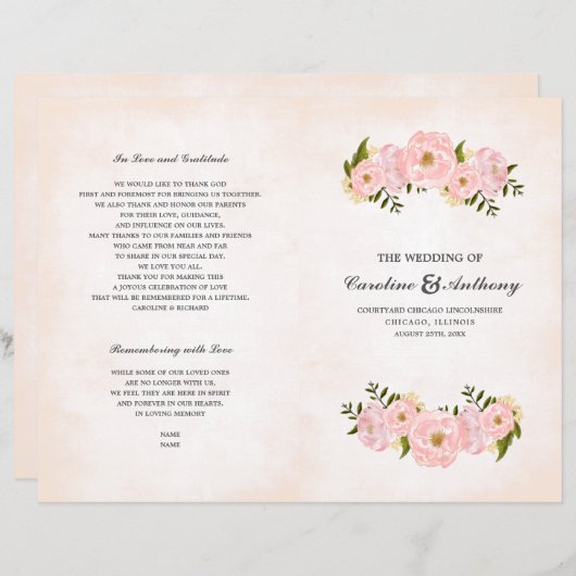 Blush Pink Peonies Waterverf Wedding Programs (Voorkant / Achterkant)
