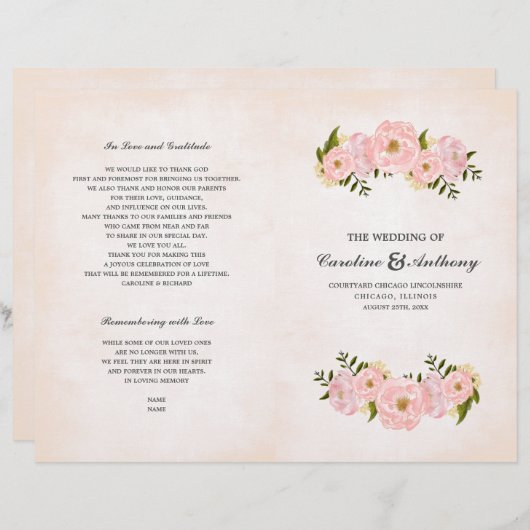 Blush Pink Peonies Waterverf Wedding Programs (Voorkant / Achterkant)