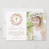 Blush Pink Peonies Wreate First Heilige Communie Bedankkaart (Voorkant)