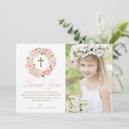 Blush Pink Peonies Wreate First Heilige Communie Bedankkaart (Staand voorkant)