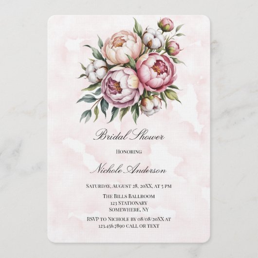 Blush Pink Peony and Cotton Bridal Shower  Kaart (Voorkant)
