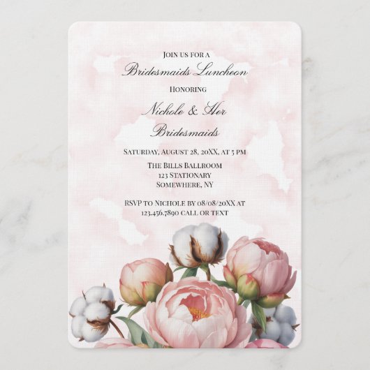 Blush Pink Peony and Cotton Bridesmaids Luncheon Kaart (Voorkant)