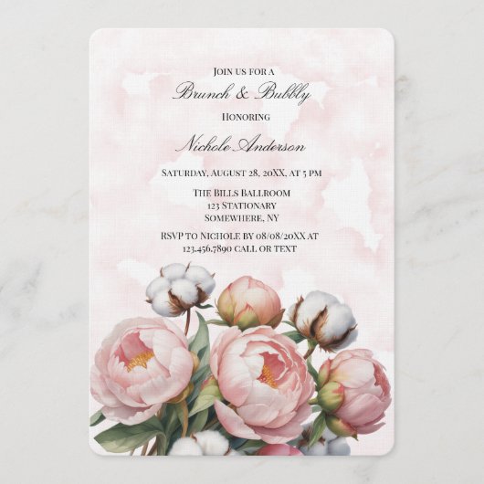 Blush Pink Peony and Cotton Brunch & Bubbly Kaart (Voorkant)