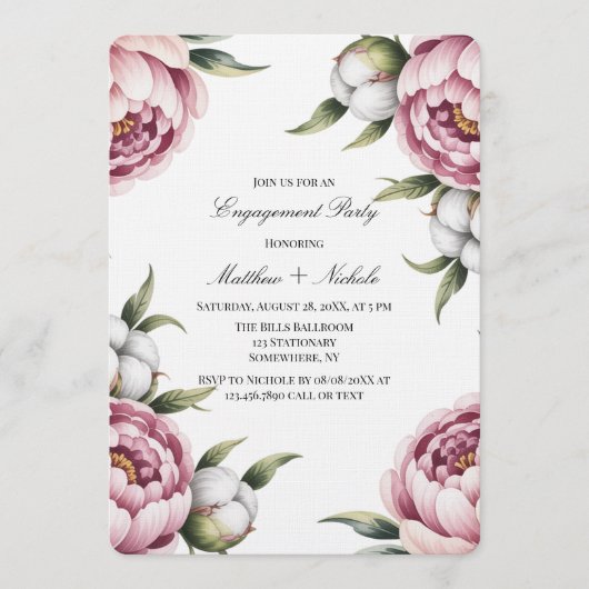 Blush Pink Peony and Cotton Engagement Party Kaart (Voorkant)