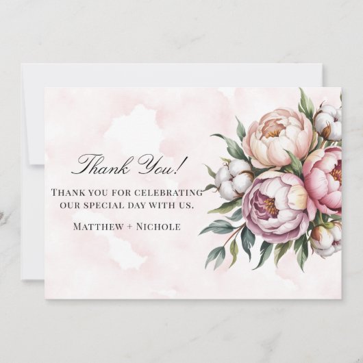 Blush Pink Peony and Cotton Wedding Bedankkaart (Voorkant)