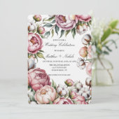 Blush Pink Peony and Cotton Wedding Celebration Kaart (Staand voorkant)