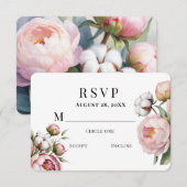 Blush Pink Peony and Cotton Wedding RSVP Kaartje (Voorkant / Achterkant)
