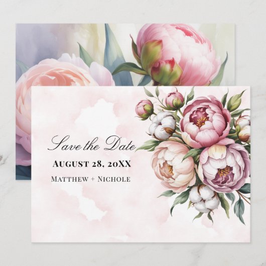Blush Pink Peony and Cotton Wedding Save The Date (Voorkant / Achterkant)