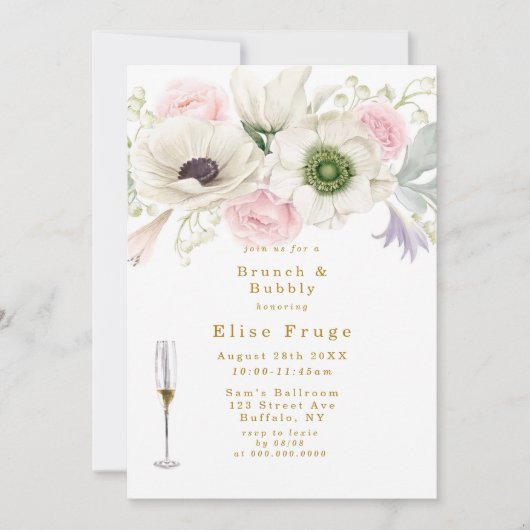 Blush Pink Peony Anemone Gold Brunch & Bubble Kaart (Voorkant)