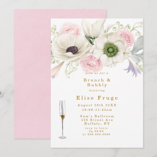 Blush Pink Peony Anemone Gold Brunch & Bubble Kaart (Voorkant / Achterkant)