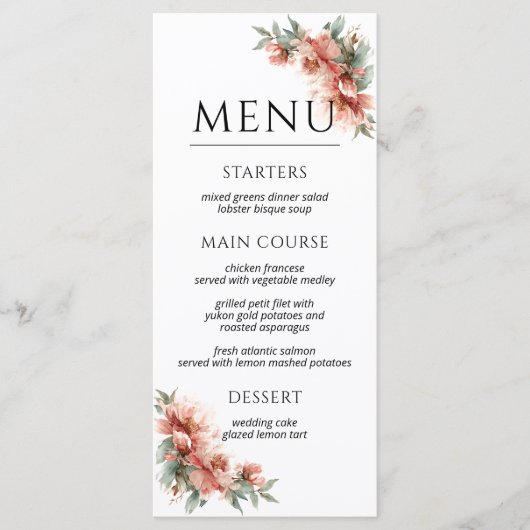Blush Pink Peony Coral Elegant Dinner Wedding Menu (Voorkant)