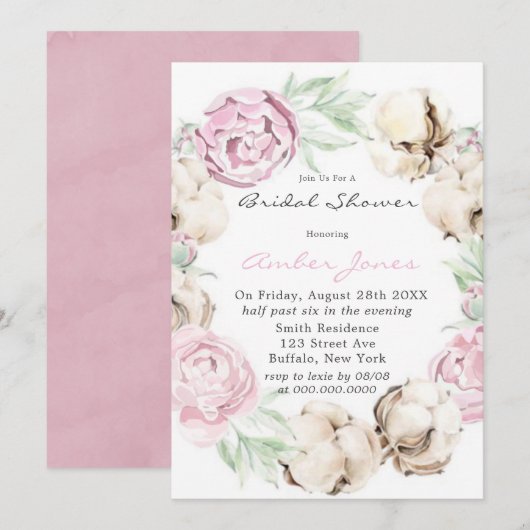 Blush Pink Peony Cotton Bridal Shower Invitation Kaart (Voorkant / Achterkant)