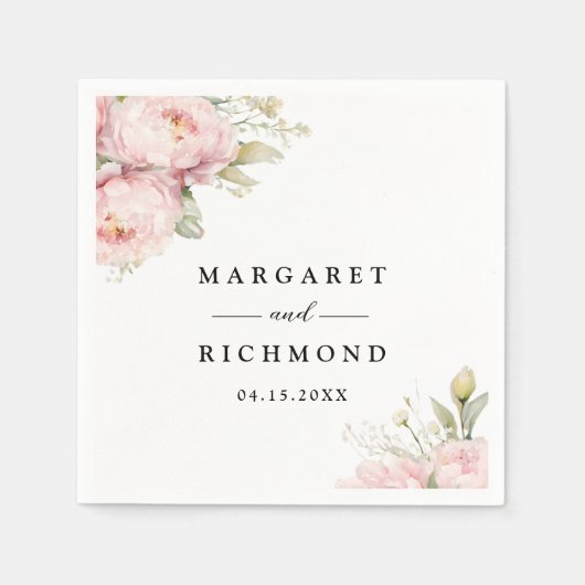 Blush Pink Peony Elegant Waterverf Floral Wedding Servet (Voorkant)