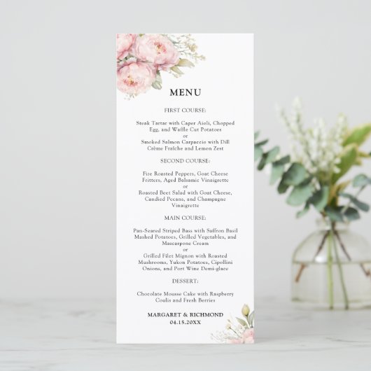 Blush Pink Peony Elegant Waterverf Wedding Menu (Staand voorkant)