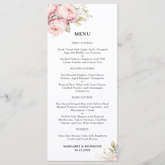 Blush Pink Peony Elegant Waterverf Wedding Menu (Voorkant)