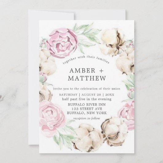 Blush Pink Peony en Cotton Wedding Invitations (Voorkant)