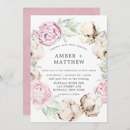 Blush Pink Peony en Cotton Wedding Invitations (Voorkant / Achterkant)