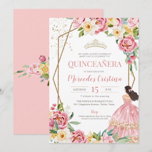 Blush Pink Peony en Lily Quinceanera Birthday Kaart (Voorkant / Achterkant)