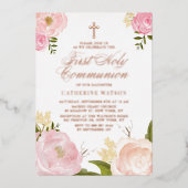 Blush Pink Peony First Heilig Roos Gold Folie Uitnodiging (Voorkant)