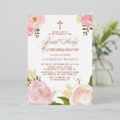 Blush Pink Peony First Heilig Roos Gold Folie Uitnodiging (Staand Voorkant)