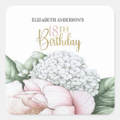 Blush Pink Peony Floral 18th Birthday  Vierkante Sticker (Voorkant)