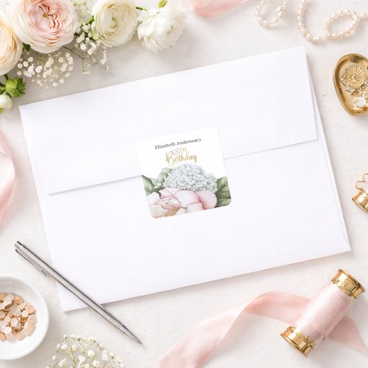 Blush Pink Peony Floral 18th Birthday  Vierkante Sticker