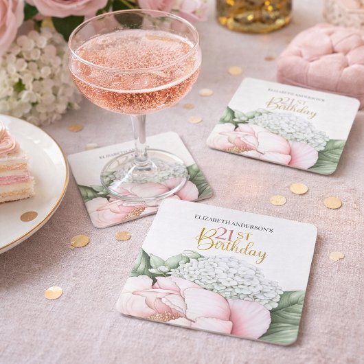 Blush Pink Peony Floral 21st Birthday  Kartonnen Onderzetters