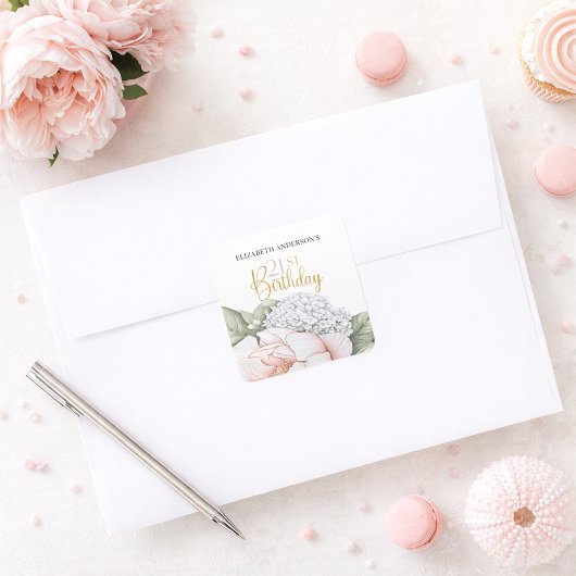 Blush Pink Peony Floral 21st Birthday  Vierkante Sticker