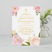 Blush Pink Peony Floral First Heilige Communie Folie Uitnodiging (Staand Voorkant)