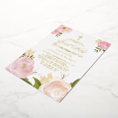 Blush Pink Peony Floral First Heilige Communie Folie Uitnodiging (Gedraaid)