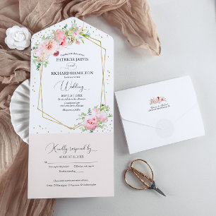 Blush Pink Peony Floral Geometric Wedding All In One Uitnodiging