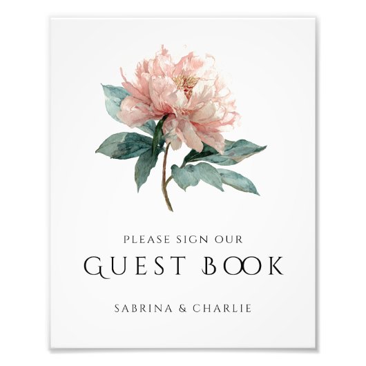 Blush Pink Peony Floral Wedding Guest Book Sign Foto Afdruk (Voorkant)